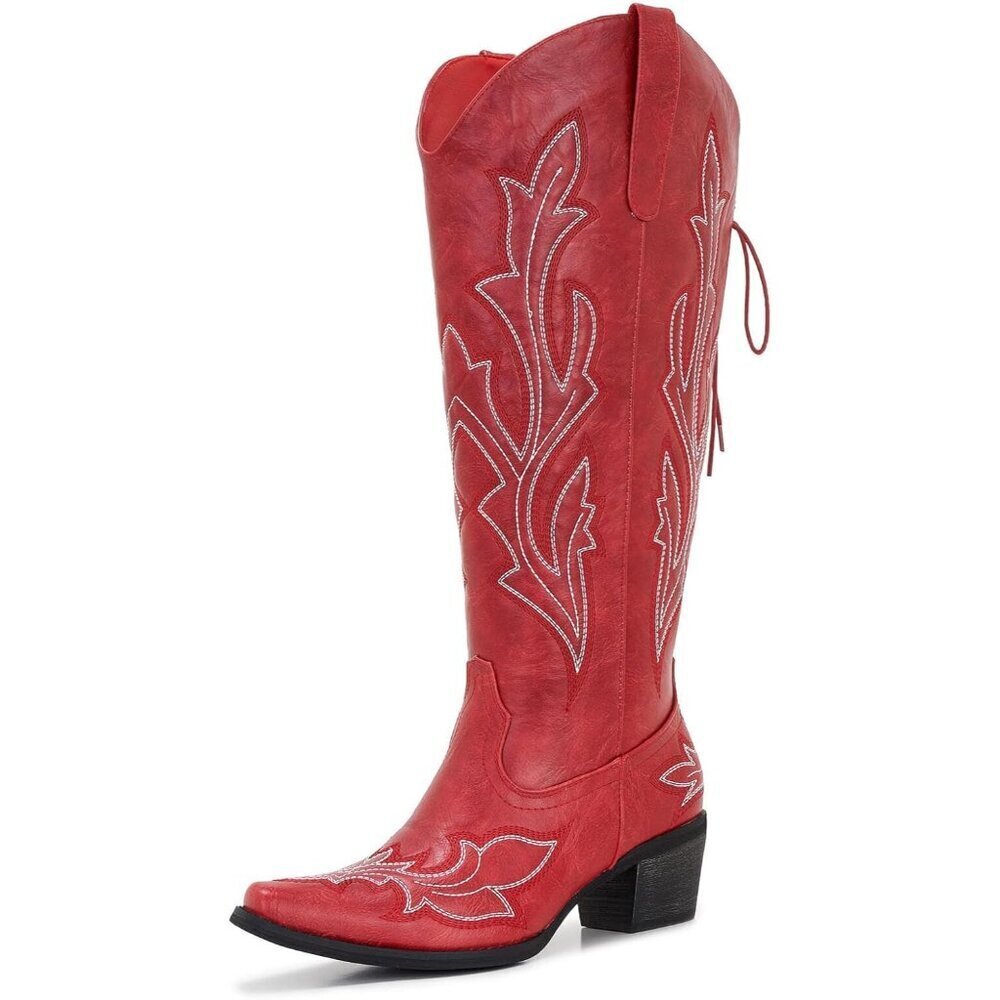 Women's Red Wide Calf Western Adjustable Tie Knee High Square Toe Cowgirl Boots